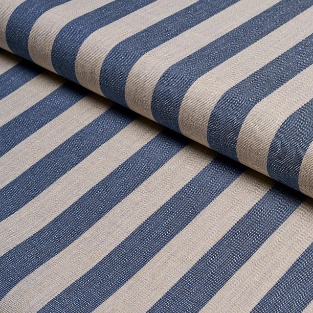 SAMPLE - Schumacher Hanson Indoor/Outdoor Stripe Fabric In Navy For Sale
