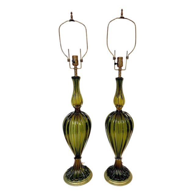 Pair of Barovier & Toso Ribbed Olive Verde Murano Glass Lamps, Circa 1955-1965 For Sale