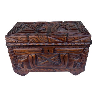 A Vintage Maya Themed Carved Mahogany Small Size Trunk, Honduras, Circa 1970's For Sale