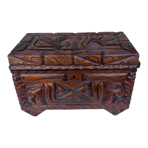 A Vintage Maya Themed Carved Mahogany Small Size Trunk, Honduras, Circa 1970's