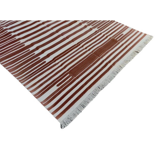 Handmade Cotton Natural Vegetable Dyed Flat Weave Reversible Tan and White Striped Rug - 6'x9' For Sale - Image 6 of 11