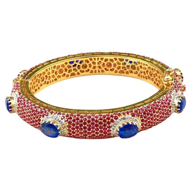 Bochic "Capri" Natural Ruby, Sapphire & Diamond Bangle Set In 18K Gold & Silver For Sale - Image 15 of 18