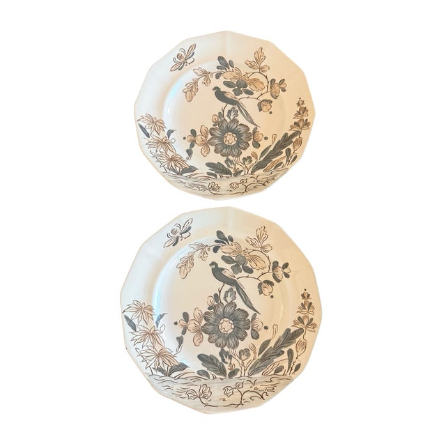 Striking pair of vintage Adams India Parrot Gray dinner plates crafted in Real English Ironstone. The distinctive...