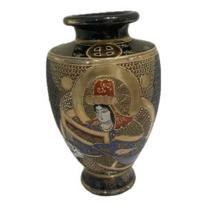 Early 20th Century Moriage Satsuma Japan Gold Gilt Porcelain Black Vase With Emperor and Wife