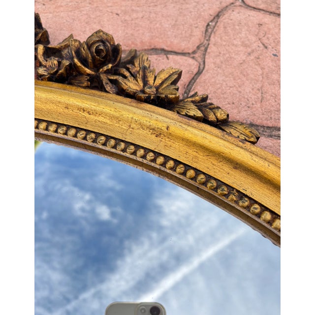 Louis XVI Style Oval Wall Mirror with Gilt Frame and Floral Decoration, 1940 For Sale - Image 4 of 9