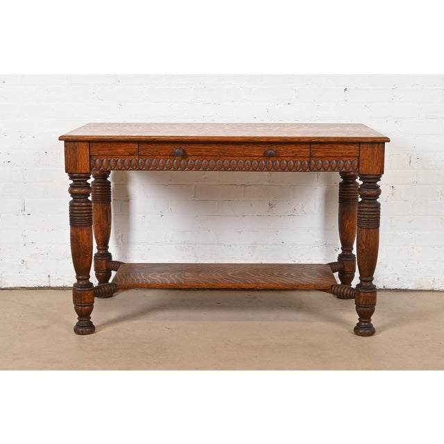 Victorian R. J. Horner Style Antique Victorian Tiger Oak Writing Desk or Library Table, Circa 1890s For Sale - Image 3 of 12