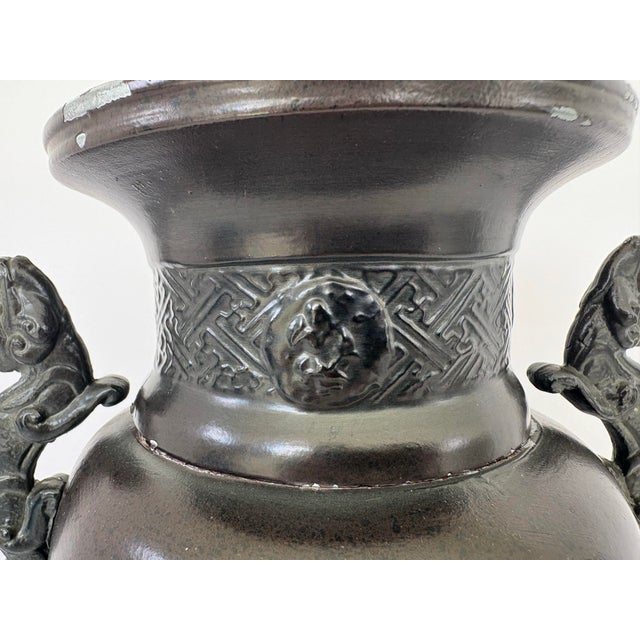 1980s Asian-Inspired Bronze-Tone Metal Vase Lamp With Dragon & Bird Relief, Tripod Base For Sale - Image 9 of 12