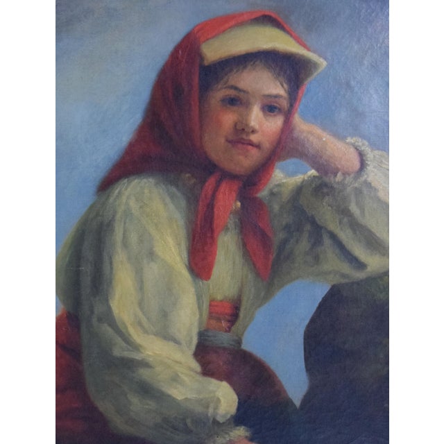 Large 19th C Oil Painting Portrait of Young Italian or Eastern European Girl in Traditional Dress For Sale - Image 4 of 6