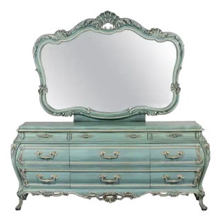French Provincial Style Heavy Carved Powder Blue Ceruse Bombay Dresser & Mirror For Sale