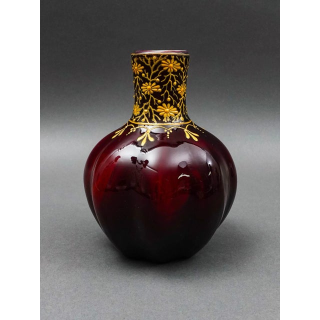 Mid-Century Modern Mid 20th Century Bohemian Ox Blood Red Floral Gilded Cased Art Glass Vase For Sale - Image 3 of 8