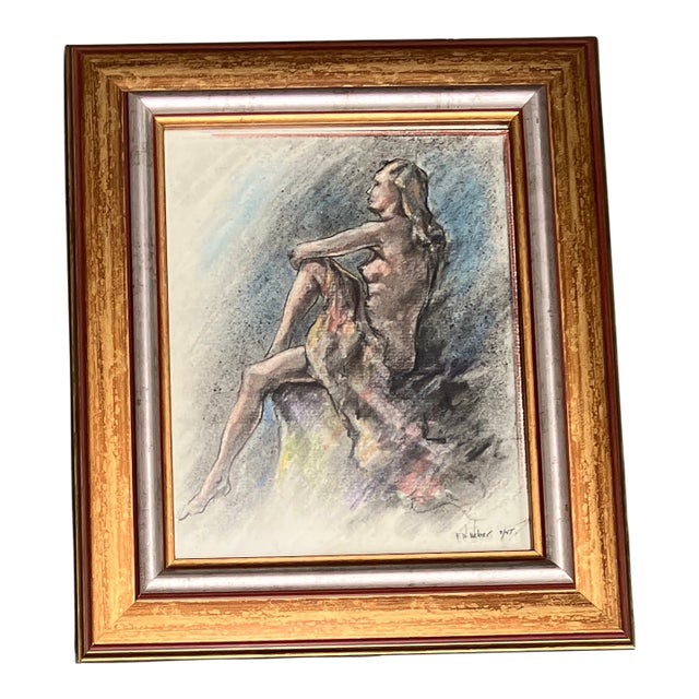 1940’s Original Female Nude Pastel Drawing Signed F.W.Weber Tabletop Frame For Sale