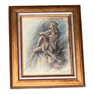 1940’s Original Female Nude Pastel Drawing Signed F.W.Weber Tabletop Frame