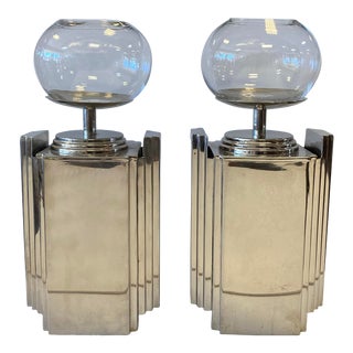 Vintage Art Deco Style Chrome and Glass Candle Holders- a Pair For Sale
