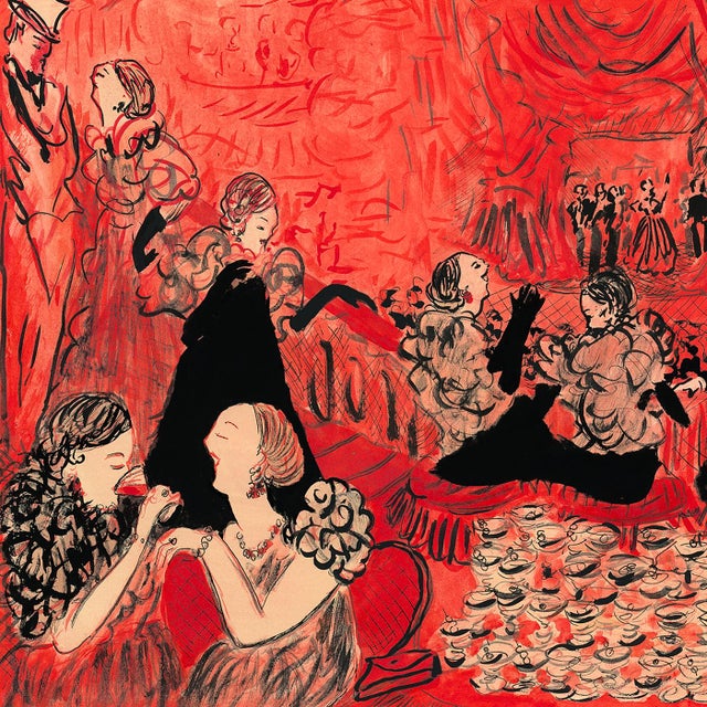 A lavish scene takes place in an opera box with all of its fancy guests gathers to chat and enjoy a martini before the show.