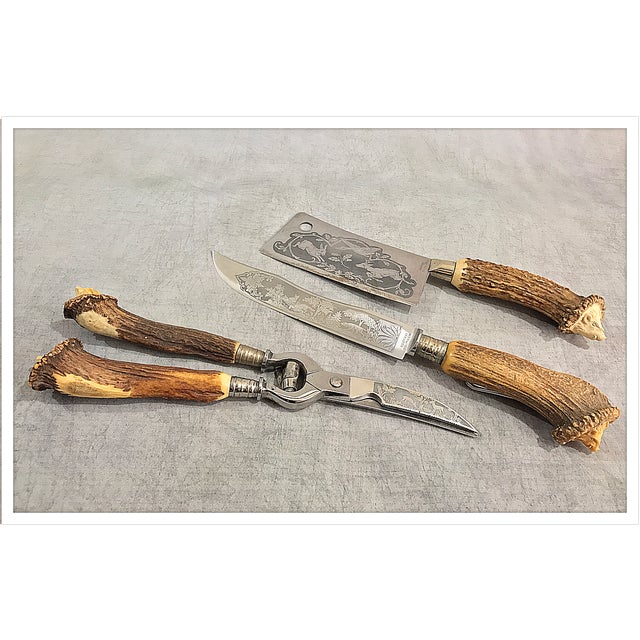 Antique Solingen Rostfrei Germany Stag Handled Cutlery Set in Box Set