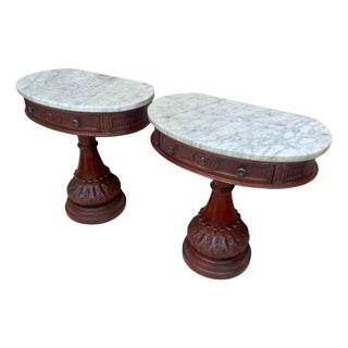 Carved Wood Demi Lune Nightstands with Marble Top, 1940, Set of 2 For Sale