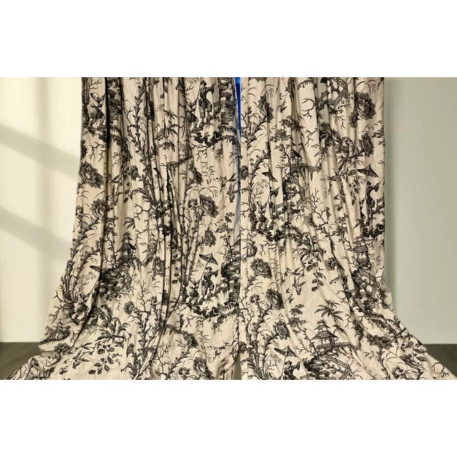 2010s Scalamandré Chinoiserie "Pillement Toile" Linen Pinch Pleat Curtains, Two Pairs Available For Sale - Image 5 of 11