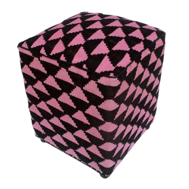 Arshs Diedra Black/Pink Kilim Upholstered Handmade Ottoman For Sale