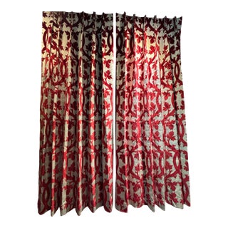Clarence House Sculptured Velvet Red & Ivory Drapes For Sale
