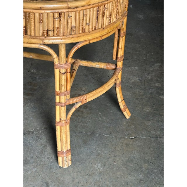 Brown 1970s Burnt Bamboo and Rattan Demilune Console Table For Sale - Image 8 of 12