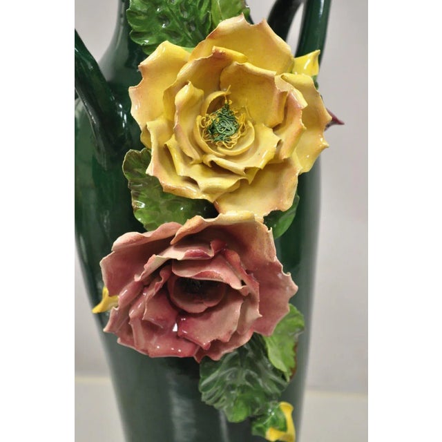 Capodimonte Vtg Victorian Style Green Ceramic Capodimonte 18" Vase With Pink Yellow Flowers For Sale - Image 4 of 13