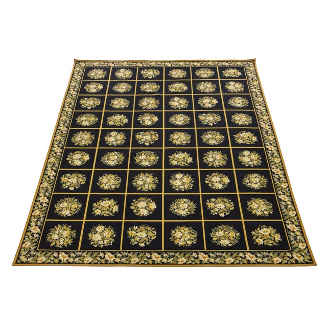 French Vintage Handcrafted French Aubusson Wool Rug in Black With Floral Pattern For Sale - Image 3 of 11