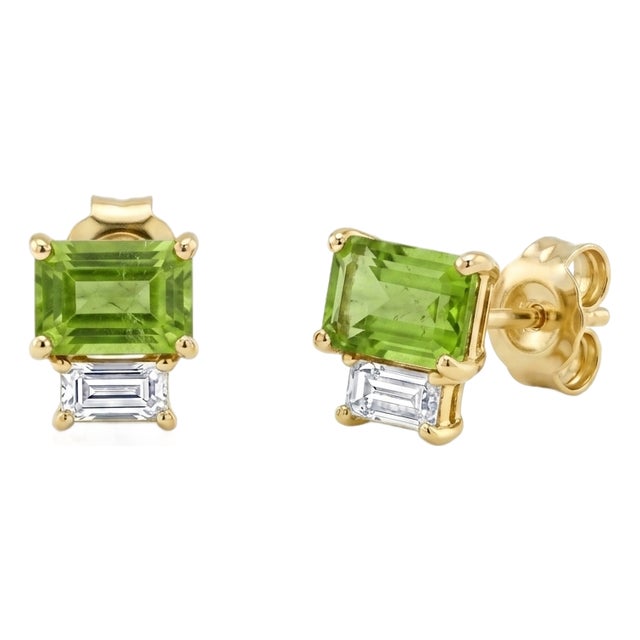 Classic Two-Stone Peridot Baguette Drop Studs - A Pair For Sale