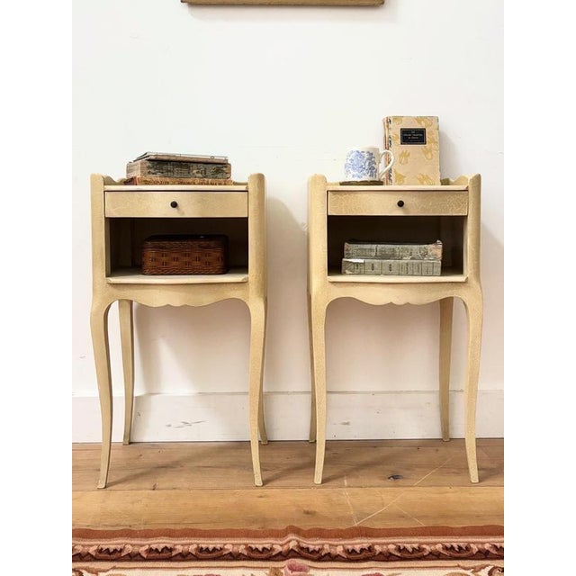 A lovely pair of French mid century bedsides, beautifully simple perfect for bedroom decor. Crackle cream paint and...