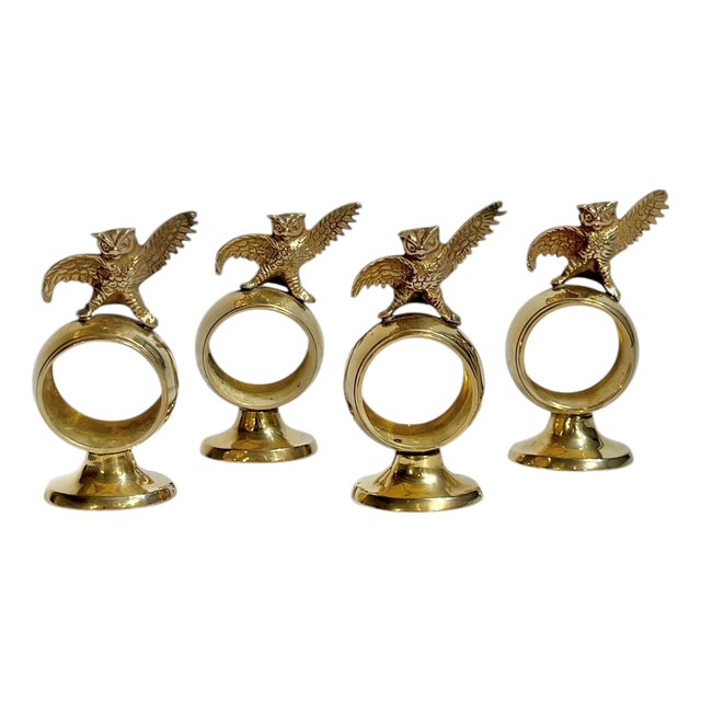 Vintage Hollywood Regency Brass Owl Napkin Rings – Set of 4 For Sale