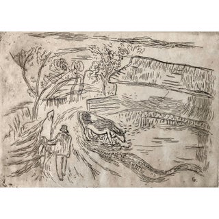 Tibor Gergely, Vintage Art Etching Farm with Cow and Farmer, Famed Children's Book Illustrator, c.1940's For Sale