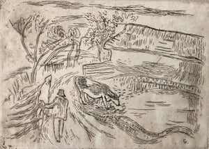 Tibor Gergely, Vintage Art Etching Farm with Cow and Farmer, Famed Children's Book Illustrator, c.1940's