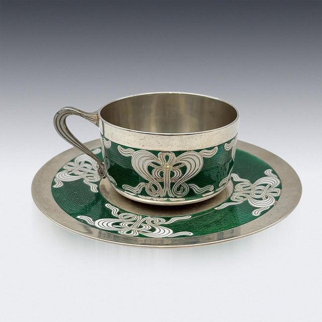 Antique Norwegian Silver and Guilloché Enamel Cup and Saucer, 1900, Set of 2 For Sale - Image 3 of 10