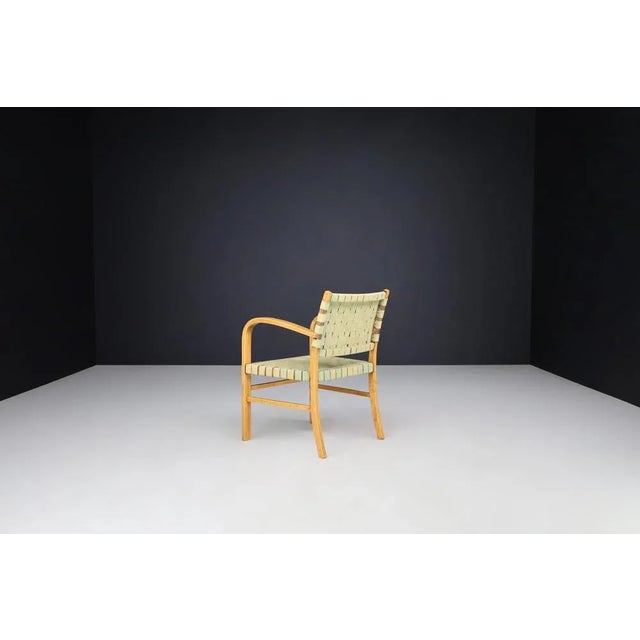 1950s Mid-Century Modern Armchair in Beech and Patinated Canvas Webbing, France, 1950s For Sale - Image 5 of 10