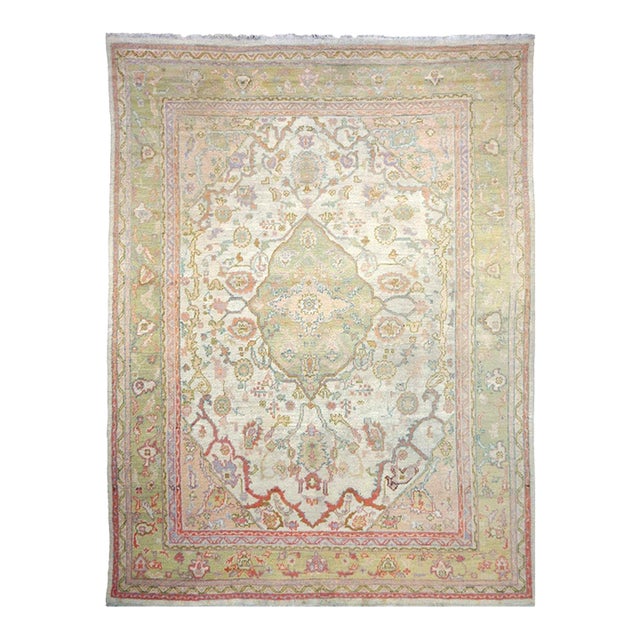 Antique Turkish Oushak Wool 10x13 Olive, Ivory, & Pink Handmade Area Rug #1144268 For Sale