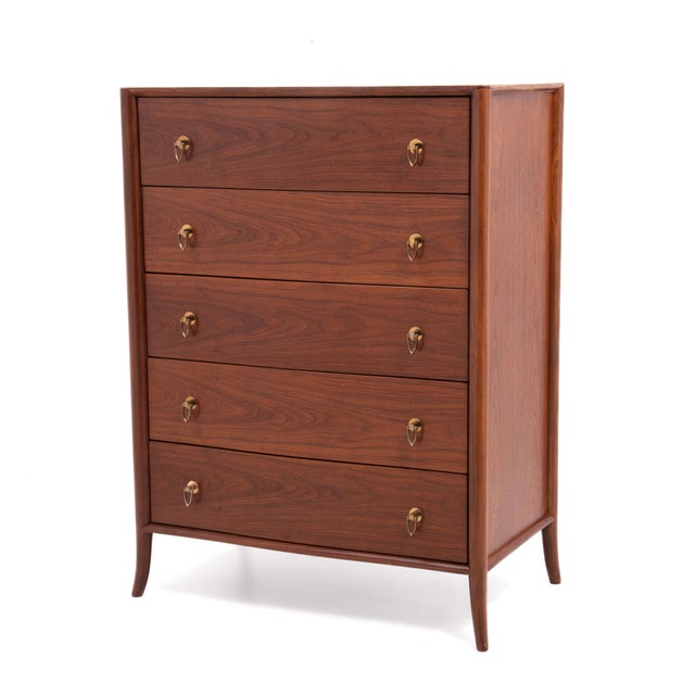 T.H. Robsjohn Gibbings Widdicomb Walnut Five Drawer Chest Klismos Leg Book Matched For Sale In Philadelphia - Image 6 of 13