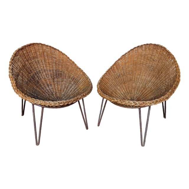 Mid-Century Modern Pair of Rattan Armchairs. France, 1950s For Sale