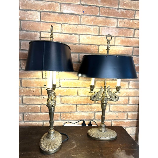 1990s 1990s Pair of Brass French Empire Swan Tóle Bouillotte Lamps. For Sale - Image 5 of 12
