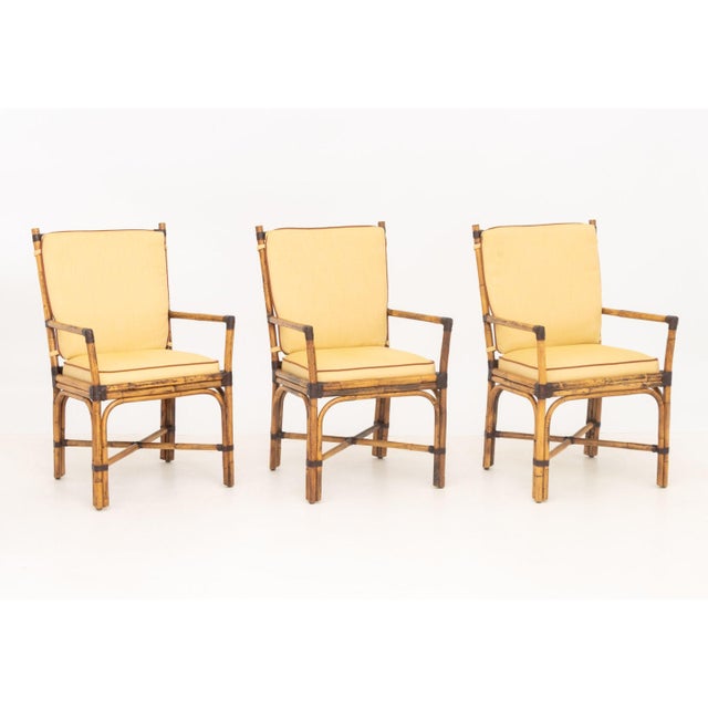 Modern Set of Six Pierce Martin Modern Bamboo and Rattan Wrapped Arm Chairs For Sale - Image 3 of 14