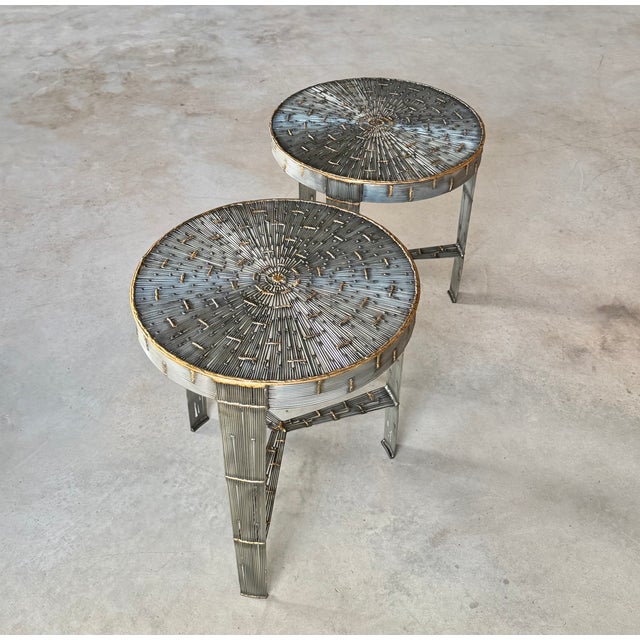 Dark Gray Round Pair of Hand-Welded Steel Rod Brutalist Tables, Set of Two, Tripod Legs For Sale - Image 8 of 17