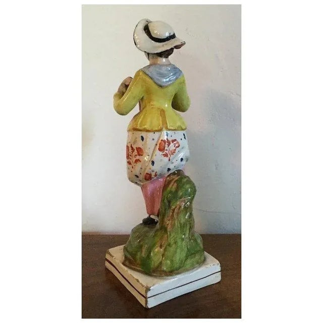 English Antique Early 19th Century English George III Staffordshire Pearlware Figure of a Lady Musician Playing a Mandolin 1810 For Sale - Image 3 of 8