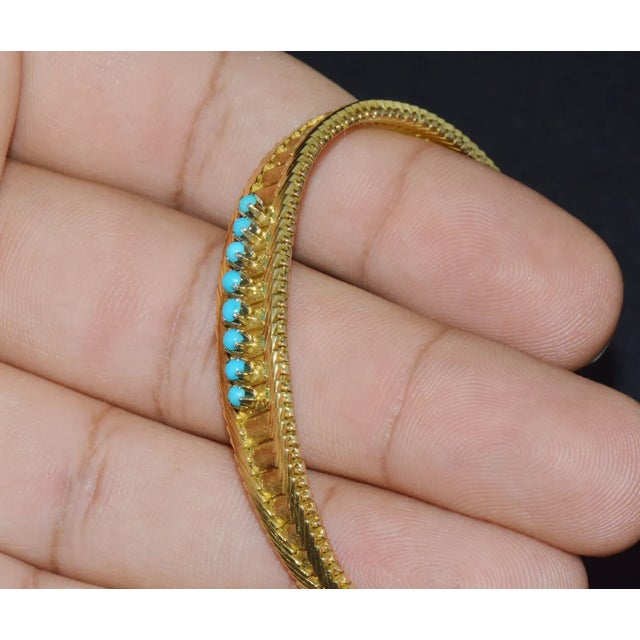 Estate Natural Turquoise Solid 18K Gold Snake Chain Bangle Bracelet For Sale - Image 9 of 12