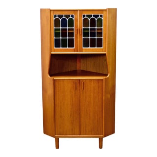 1950s Danish Teak Corner Cabinet W/ Multicolored Stained Glass Doors For Sale