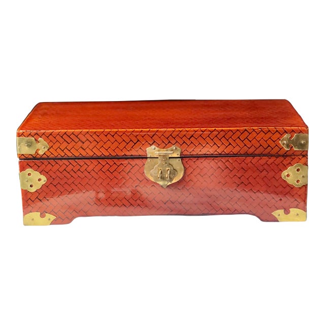 Late 20th Century Asian Herringbone Campaign Keepsake Box, LockAndKey