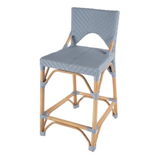 Creanly 25.25 in. Seat Height Rectangular Rattan Counter Stool with Back, Baby Blue/ Natural Rattan Frame For Sale