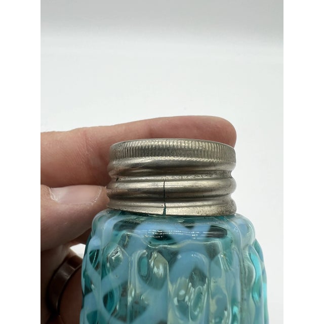 Victorian Antique Blue Lattice Blown Glass Salt or Pepper Shaker by Northwood, Circa 1890-1910's For Sale - Image 3 of 9
