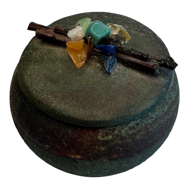 Modern Asian Small Raku & Polished Stones Lidded Jar For Sale