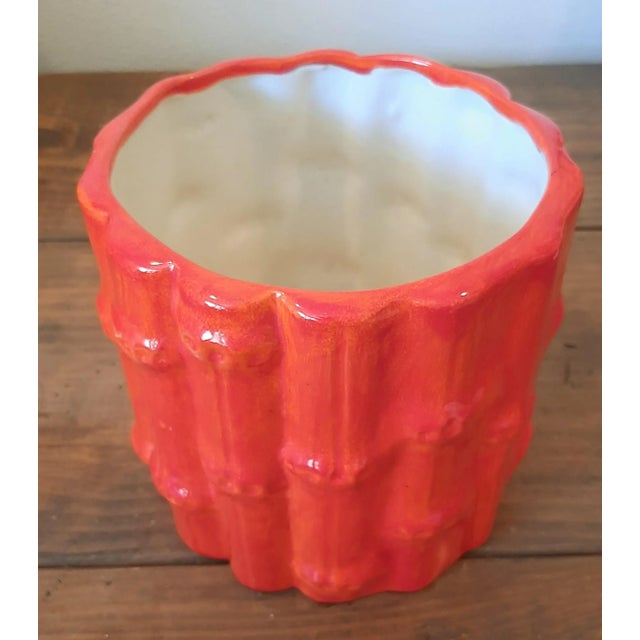 Vibrant Orange bamboo motif planter pot. Ceramic materials. Vintage and so fun!. What a great way to add some bright cheer...