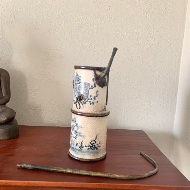 Antique Asian Blue and White Ceramic Water Vase Pipe For Sale - Image 11 of 12