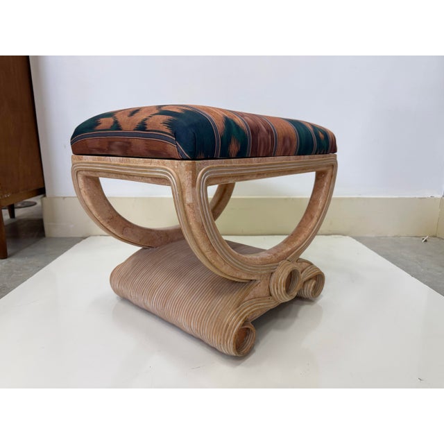 80's Vintage Pencil Reed and Tessellated Stone Deco Revival Bench by Maitland Smith. Original upholstery