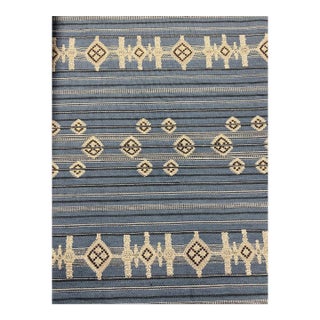 Designer Embroidered Denim Blue Black Grey Stripe Faux Linen Upholstery Fabric For Sale